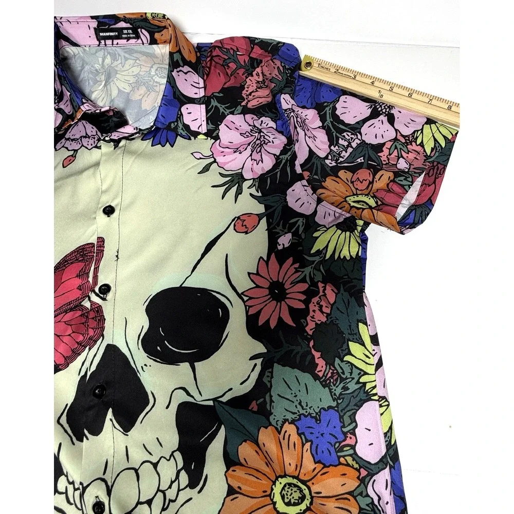 Men's Skull Floral Button Up Shirt 2XL Hawaiian Camp‎ Rockabilly